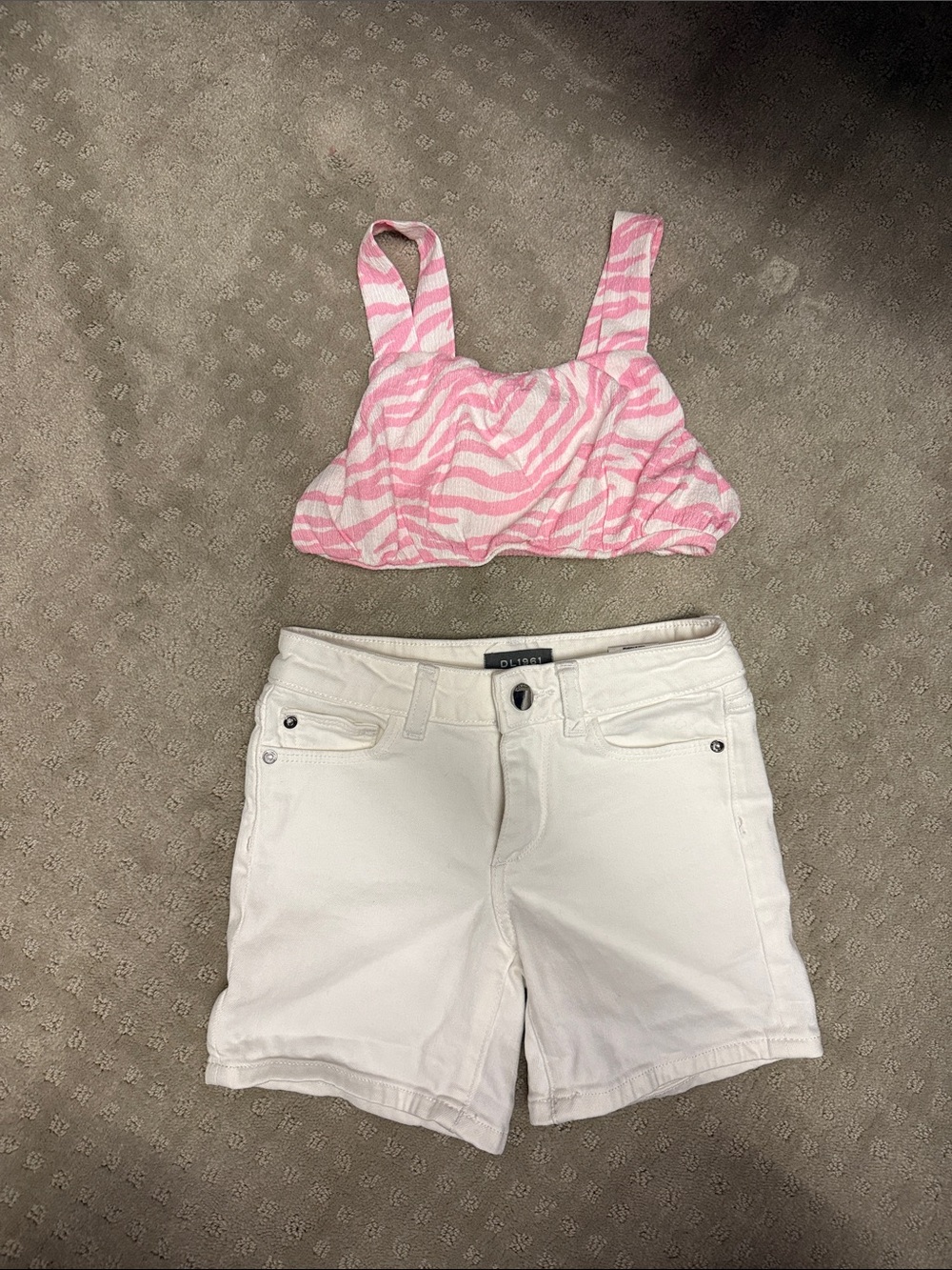 Pink Zara Zebra-Print Crop Top and White DL1961 Denim Shorts Set